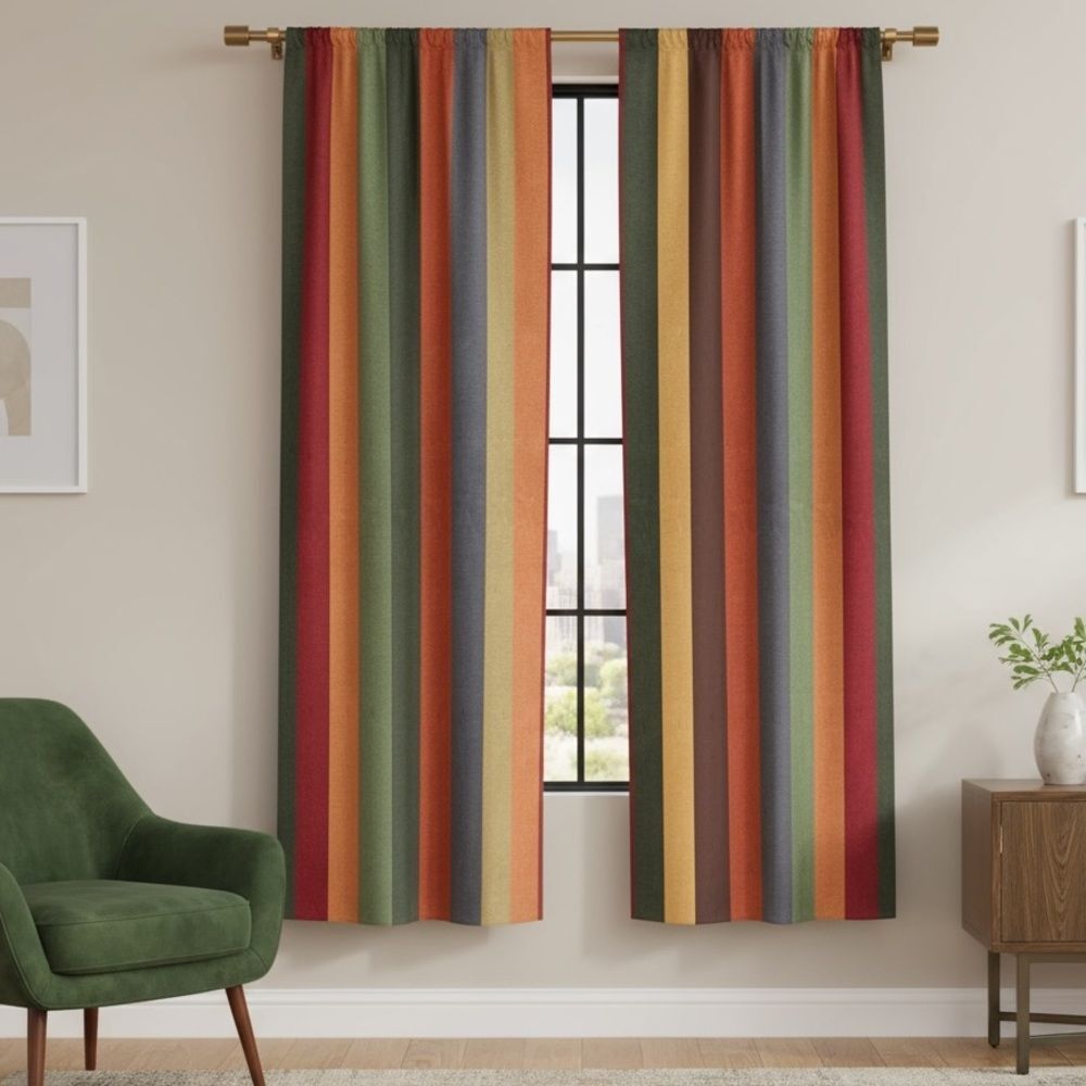Folk N Funky Autumn Stripe Curtain Pair 2 Panels 20x62" Mod Vertical Stripe NWOT